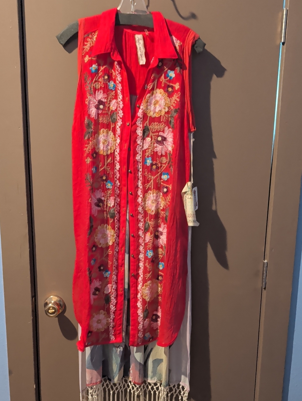 Aratta Hot Pink Embroidered Sleeveless Duster With Fringe Bottom